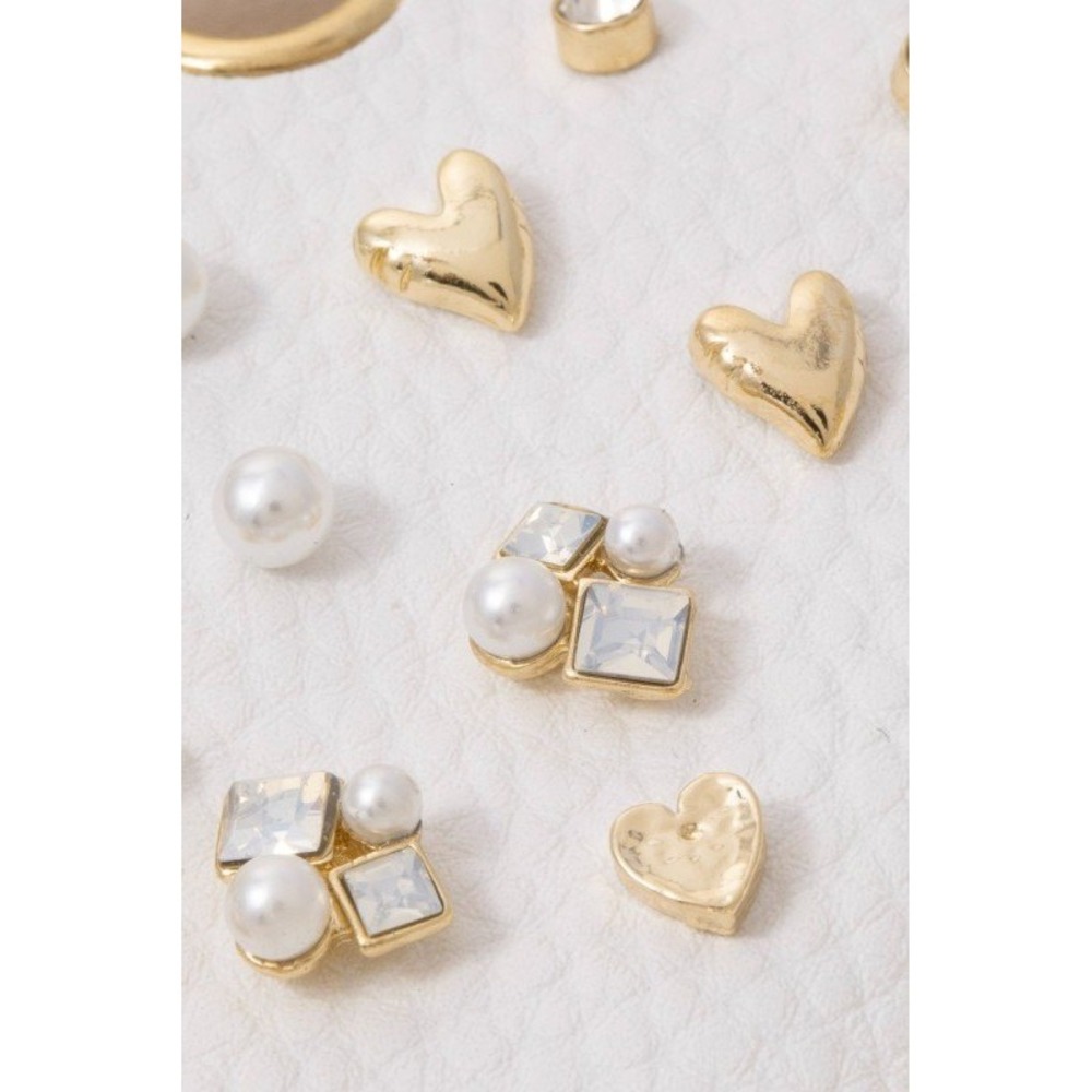 NEW Gold Tone Earrings 10 Pairs Studs Hoops Hearts Faux Pearl Rhinestone Multi - Picture 3 of 4